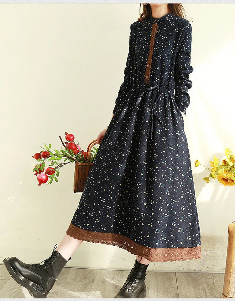 Spring Autumn Women's Retro Floral Lace Trim Long Dress - Slimming Waist-Cinching, Loose Fit, Plus Size Elegant Maxi Dress for Fashionable Ladies showcase 16