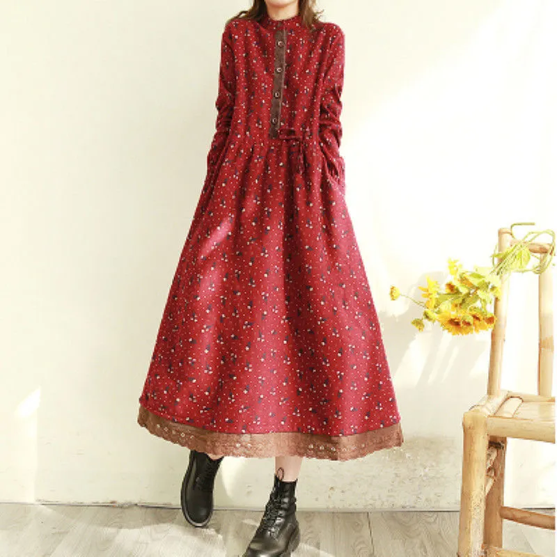 Spring Autumn Women's Retro Floral Lace Trim Long Dress - Slimming Waist-Cinching, Loose Fit, Plus Size Elegant Maxi Dress for Fashionable Ladies thumbnail 6