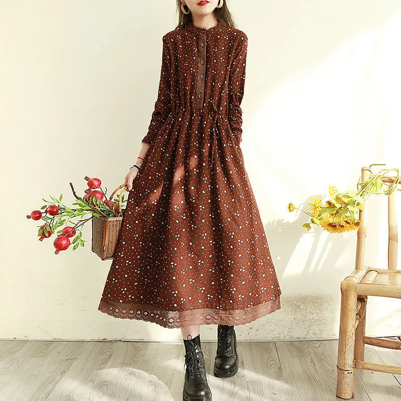 Spring Autumn Women's Retro Floral Lace Trim Long Dress - Slimming Waist-Cinching, Loose Fit, Plus Size Elegant Maxi Dress for Fashionable Ladies showcase 1