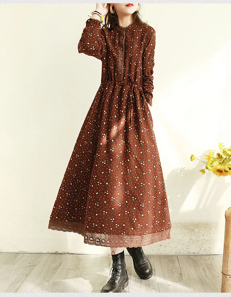 Spring Autumn Women's Retro Floral Lace Trim Long Dress - Slimming Waist-Cinching, Loose Fit, Plus Size Elegant Maxi Dress for Fashionable Ladies showcase 7
