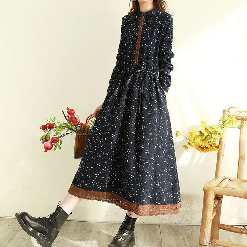 Spring Autumn Women's Retro Floral Lace Trim Long Dress - Slimming Waist-Cinching, Loose Fit, Plus Size Elegant Maxi Dress for Fashionable Ladies thumbnail 8