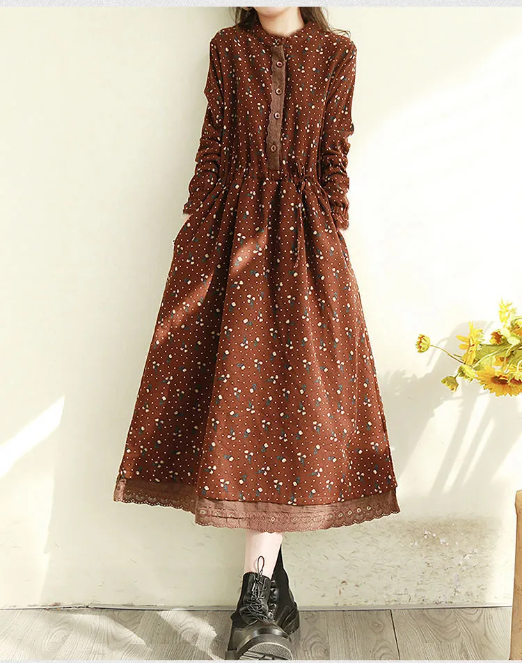 Spring Autumn Women's Retro Floral Lace Trim Long Dress - Slimming Waist-Cinching, Loose Fit, Plus Size Elegant Maxi Dress for Fashionable Ladies showcase 10