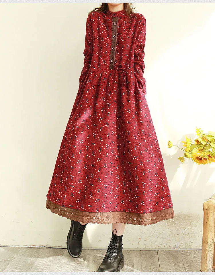 Spring Autumn Women's Retro Floral Lace Trim Long Dress - Slimming Waist-Cinching, Loose Fit, Plus Size Elegant Maxi Dress for Fashionable Ladies showcase 12