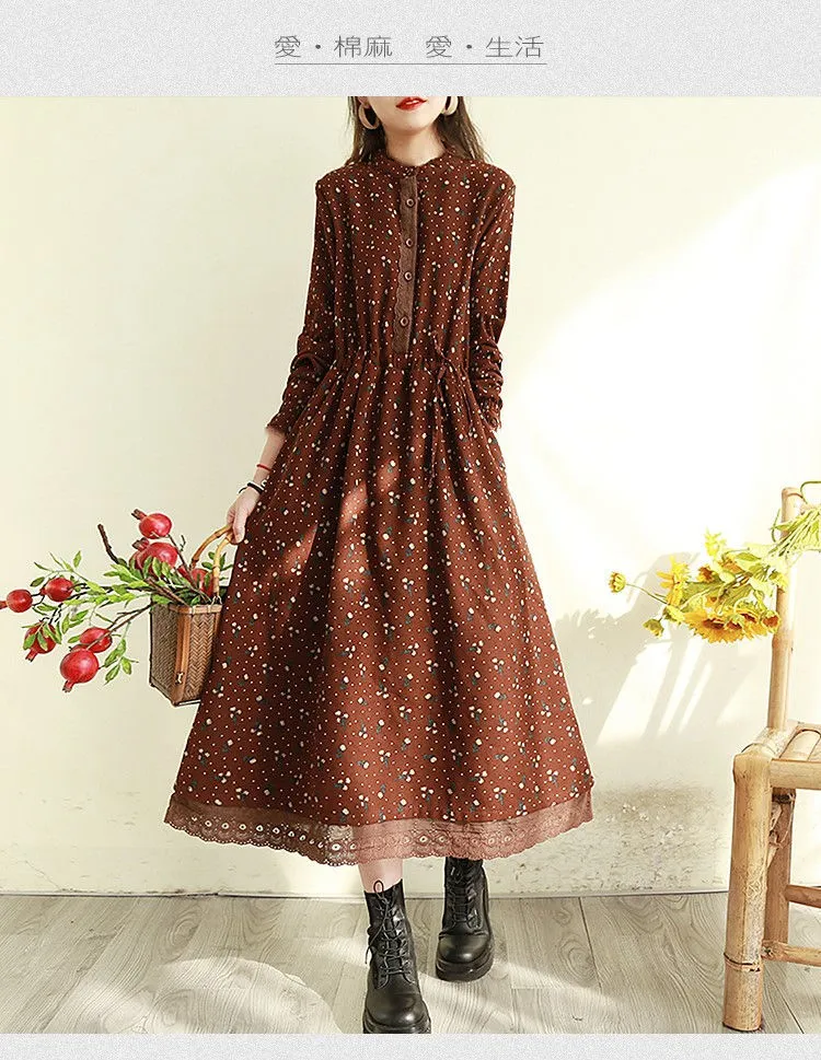 Spring Autumn Women's Retro Floral Lace Trim Long Dress - Slimming Waist-Cinching, Loose Fit, Plus Size Elegant Maxi Dress for Fashionable Ladies showcase 5