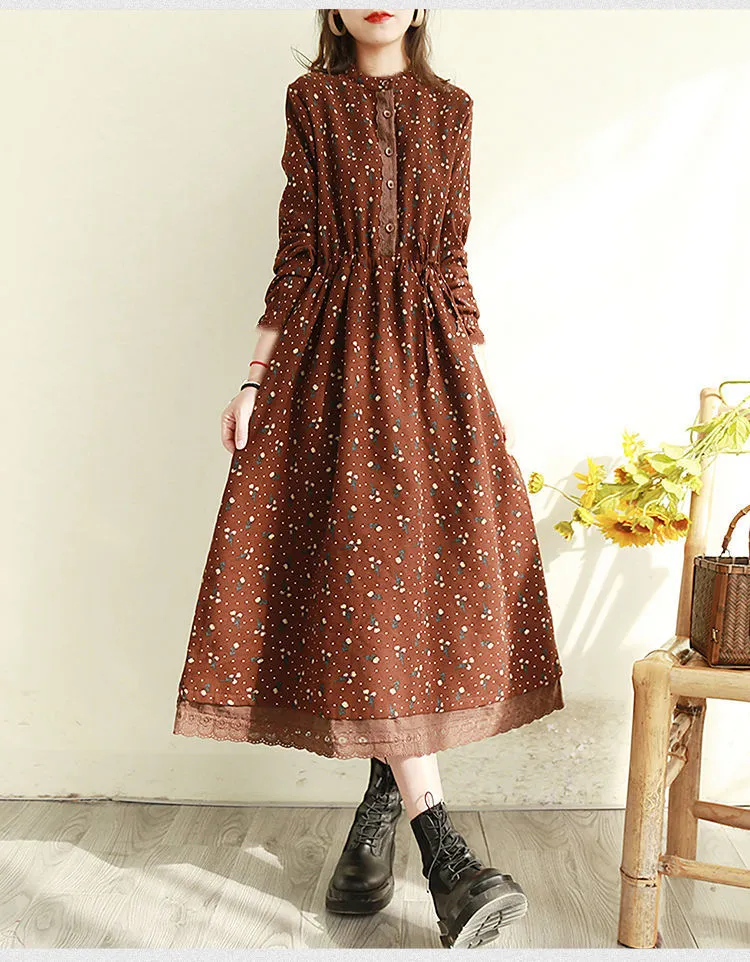 Spring Autumn Women's Retro Floral Lace Trim Long Dress - Slimming Waist-Cinching, Loose Fit, Plus Size Elegant Maxi Dress for Fashionable Ladies showcase 11