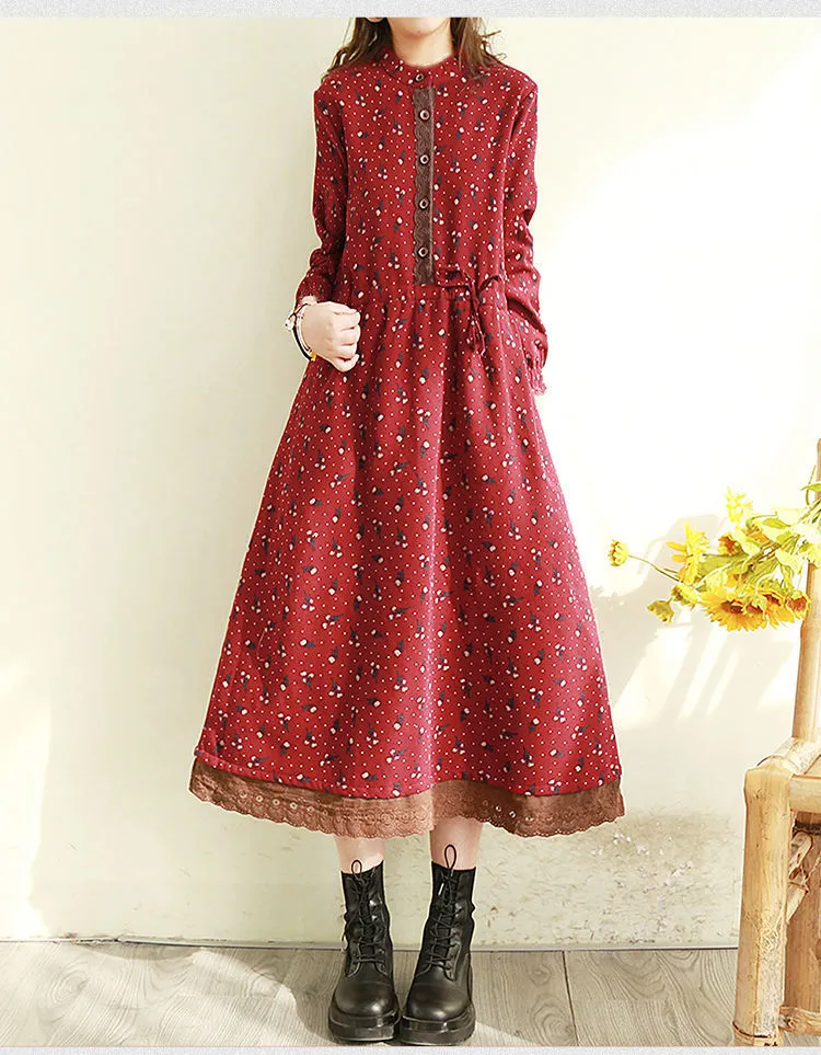 Spring Autumn Women's Retro Floral Lace Trim Long Dress - Slimming Waist-Cinching, Loose Fit, Plus Size Elegant Maxi Dress for Fashionable Ladies showcase 13