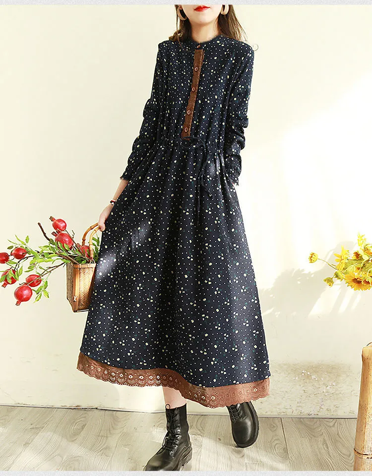 Spring Autumn Women's Retro Floral Lace Trim Long Dress - Slimming Waist-Cinching, Loose Fit, Plus Size Elegant Maxi Dress for Fashionable Ladies showcase 17