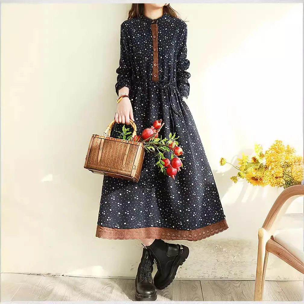 Spring Autumn Women's Retro Floral Lace Trim Long Dress - Slimming Waist-Cinching, Loose Fit, Plus Size Elegant Maxi Dress for Fashionable Ladies thumbnail 4