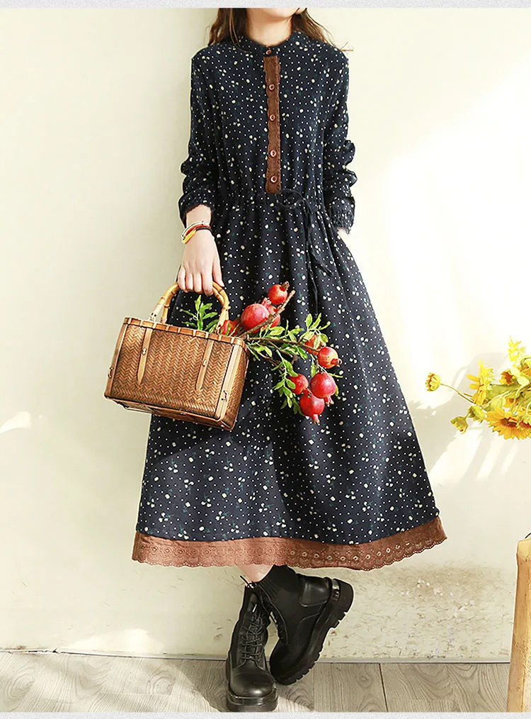 Spring Autumn Women's Retro Floral Lace Trim Long Dress - Slimming Waist-Cinching, Loose Fit, Plus Size Elegant Maxi Dress for Fashionable Ladies showcase 14