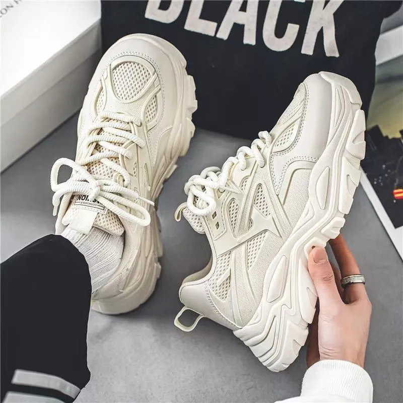 Men's White Breathable Mesh Sneakers 2025 New Winter Thick-Soled Non-Slip Versatile Height-Increasing Sports Dad Shoes - Image 1