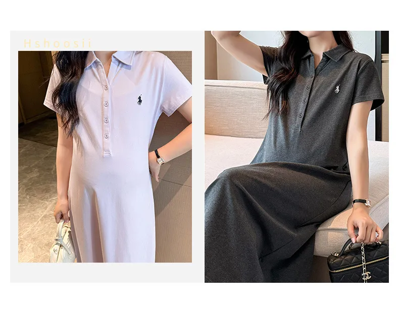 Maternity Dress Summer Fashion Polo Lapel Casual Long Style Large Size Age-Reducing Thin Breathable for Pregnant Women showcase 3