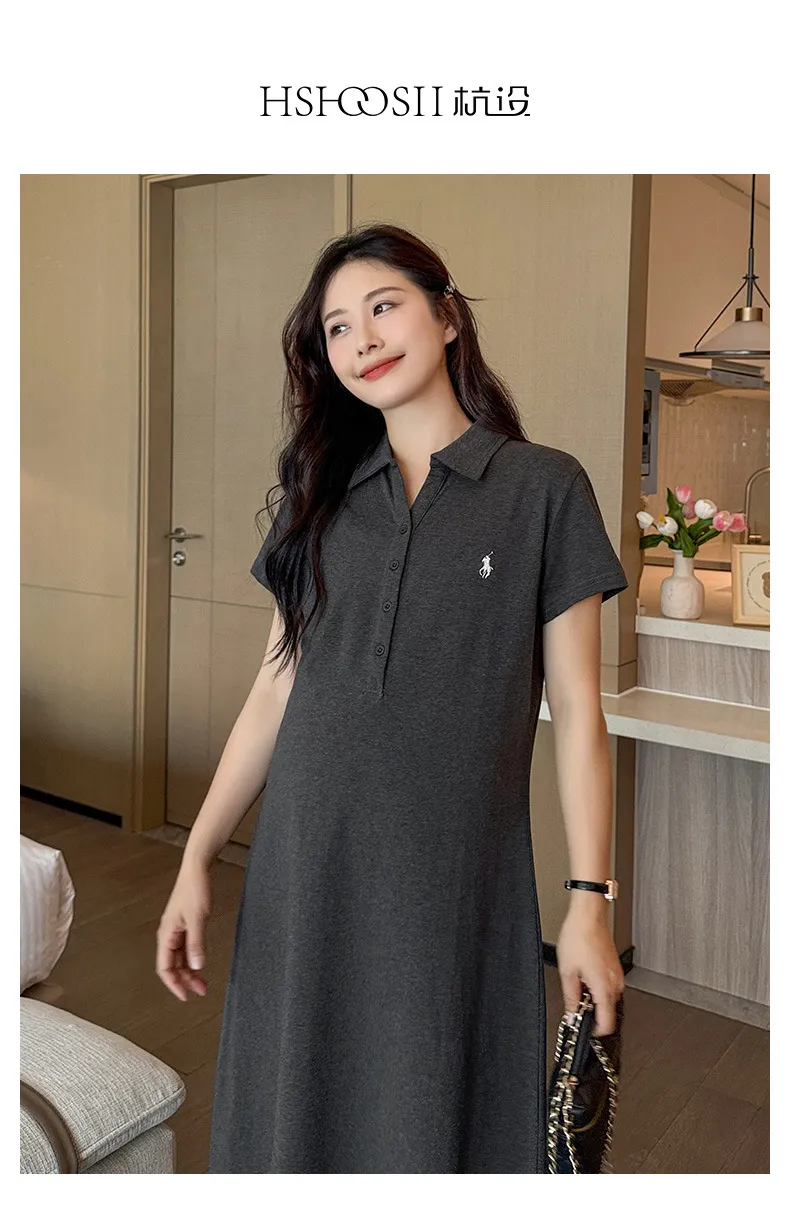 Maternity Dress Summer Fashion Polo Lapel Casual Long Style Large Size Age-Reducing Thin Breathable for Pregnant Women showcase 1