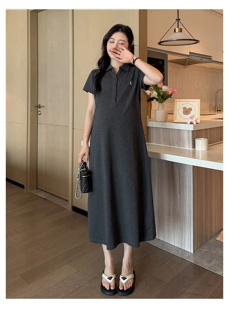 Maternity Dress Summer Fashion Polo Lapel Casual Long Style Large Size Age-Reducing Thin Breathable for Pregnant Women showcase 6