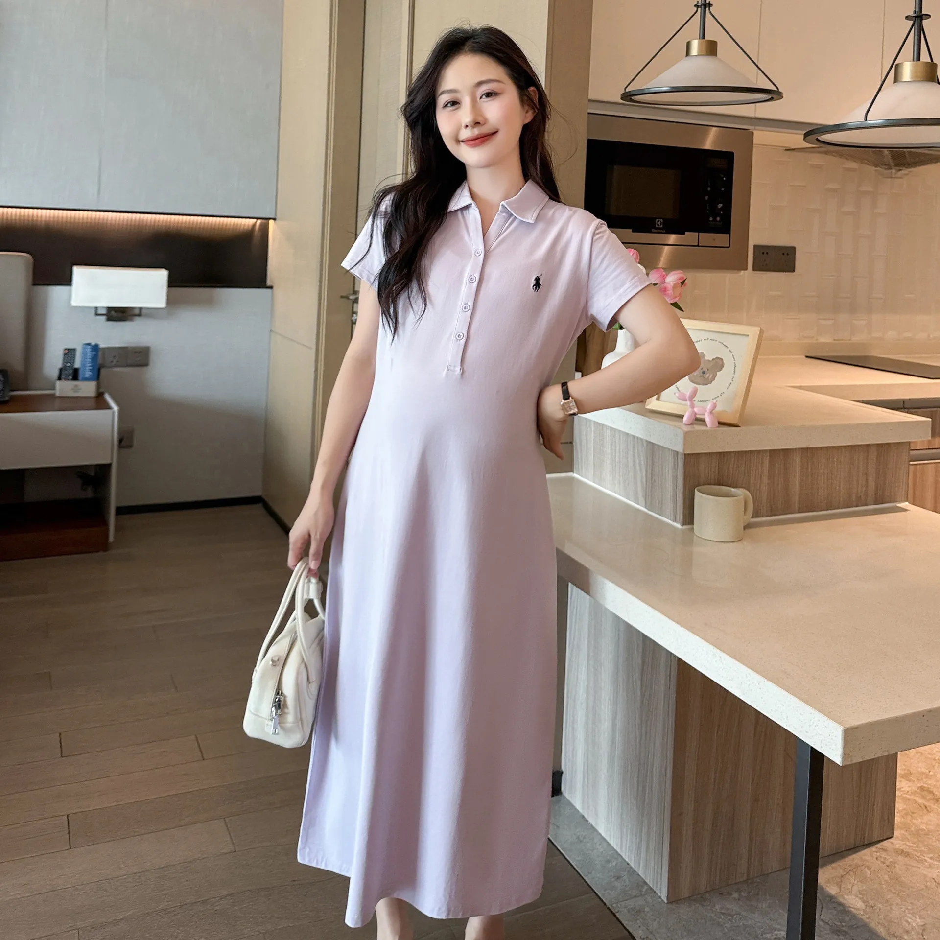 Maternity Dress Summer Fashion Polo Lapel Casual Long Style Large Size Age-Reducing Thin Breathable for Pregnant Women thumbnail 2