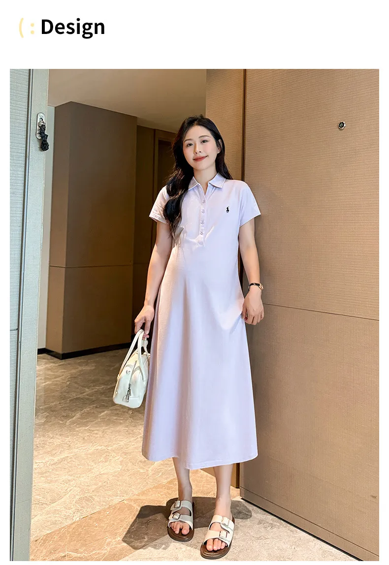 Maternity Dress Summer Fashion Polo Lapel Casual Long Style Large Size Age-Reducing Thin Breathable for Pregnant Women showcase 2