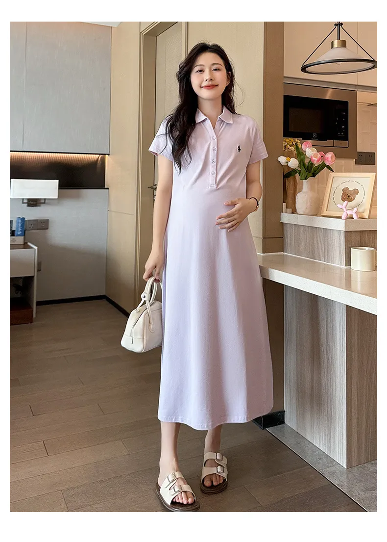 Maternity Dress Summer Fashion Polo Lapel Casual Long Style Large Size Age-Reducing Thin Breathable for Pregnant Women showcase 9