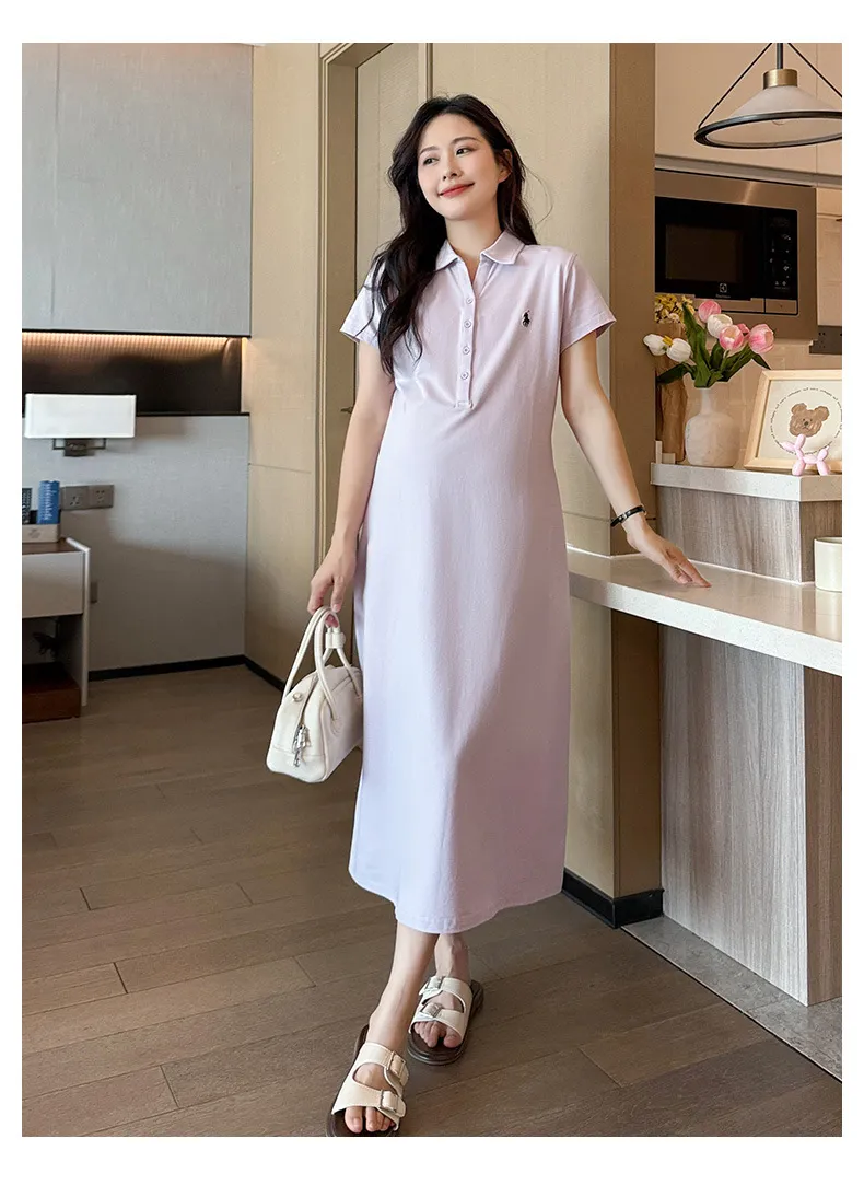 Maternity Dress Summer Fashion Polo Lapel Casual Long Style Large Size Age-Reducing Thin Breathable for Pregnant Women showcase 10