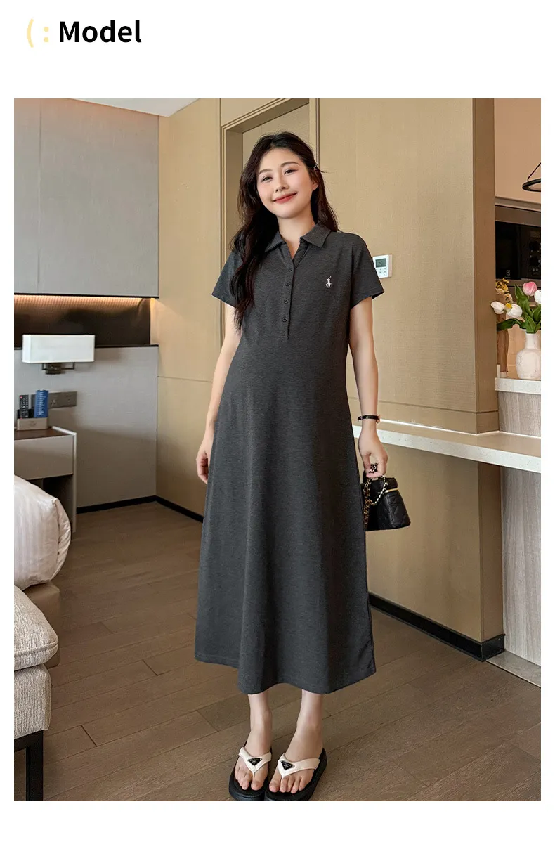 Maternity Dress Summer Fashion Polo Lapel Casual Long Style Large Size Age-Reducing Thin Breathable for Pregnant Women showcase 5