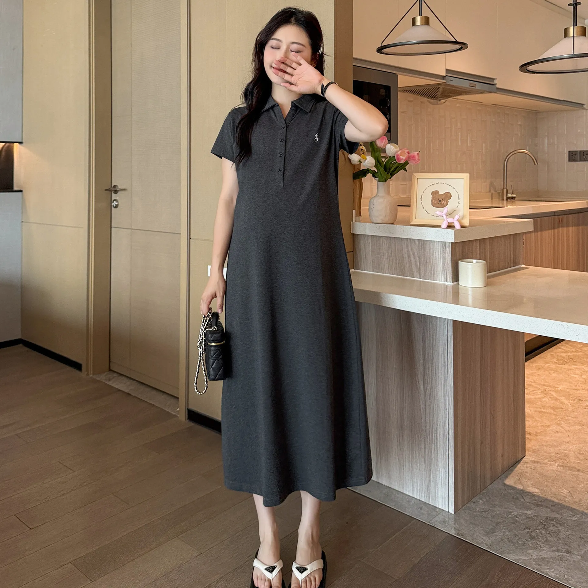 Maternity Dress Summer Fashion Polo Lapel Casual Long Style Large Size Age-Reducing Thin Breathable for Pregnant Women thumbnail 1