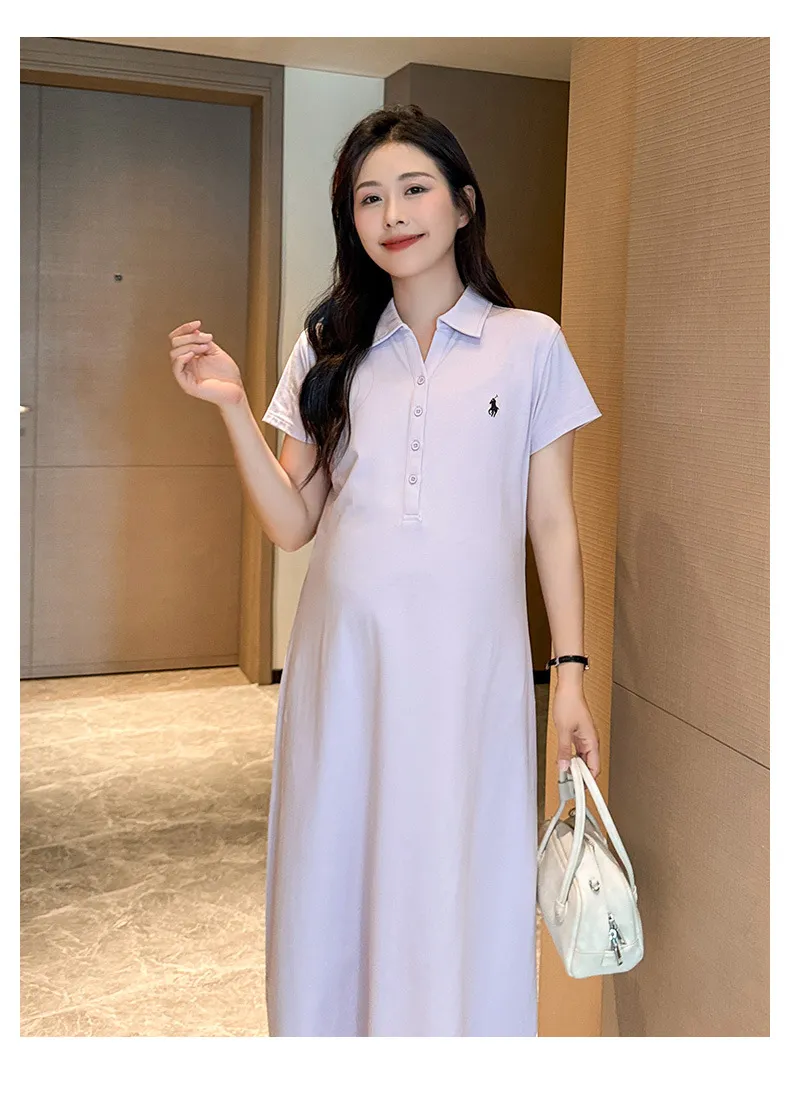 Maternity Dress Summer Fashion Polo Lapel Casual Long Style Large Size Age-Reducing Thin Breathable for Pregnant Women showcase 12