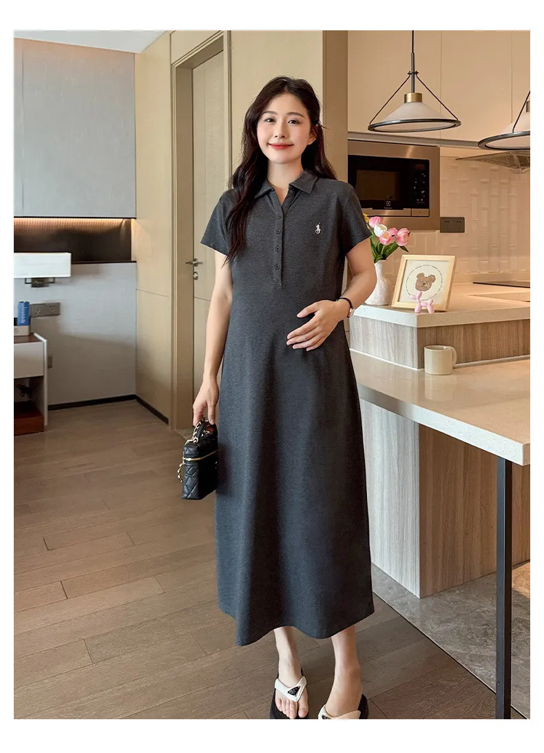 Maternity Dress Summer Fashion Polo Lapel Casual Long Style Large Size Age-Reducing Thin Breathable for Pregnant Women showcase 7
