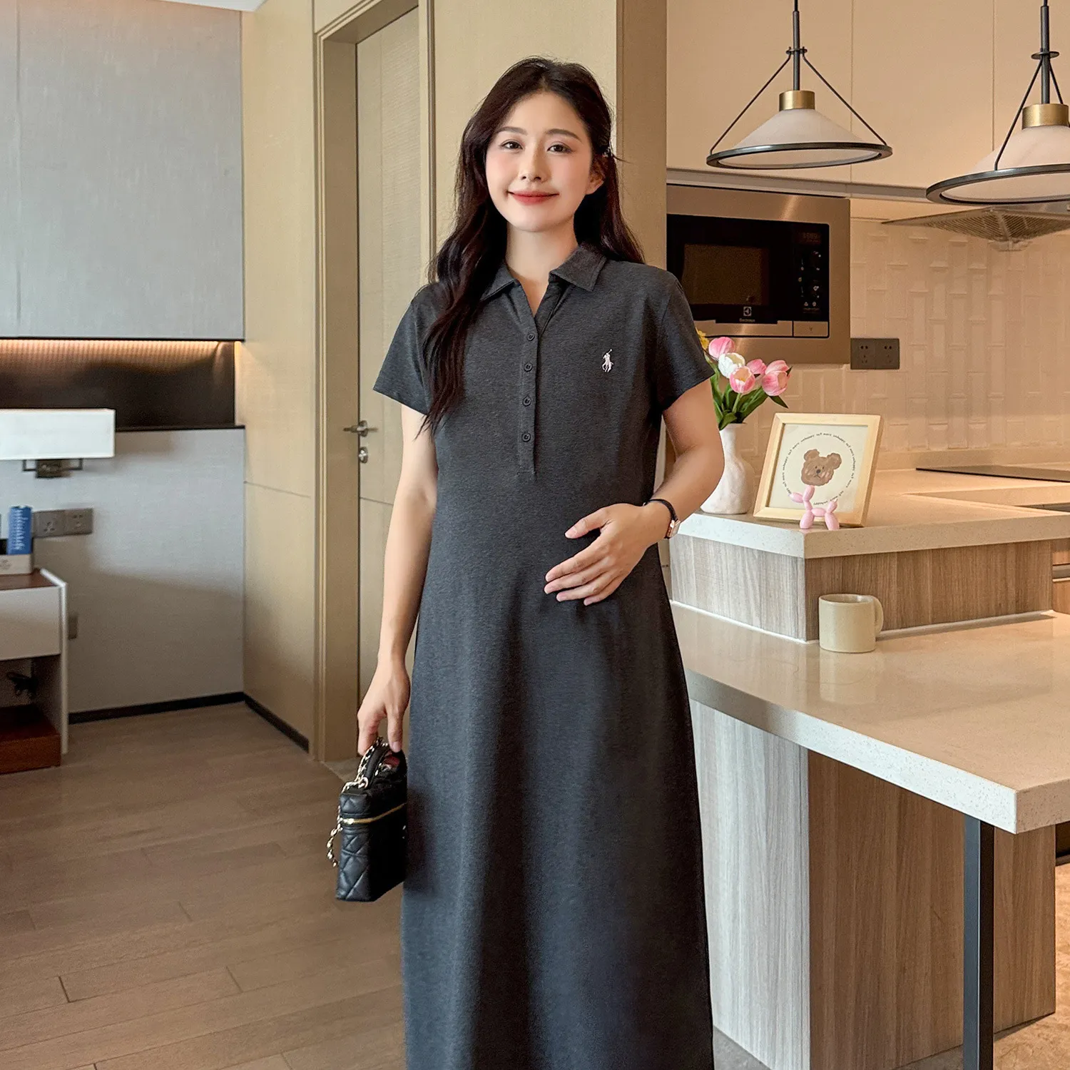 Maternity Dress Summer Fashion Polo Lapel Casual Long Style Large Size Age-Reducing Thin Breathable for Pregnant Women thumbnail 7