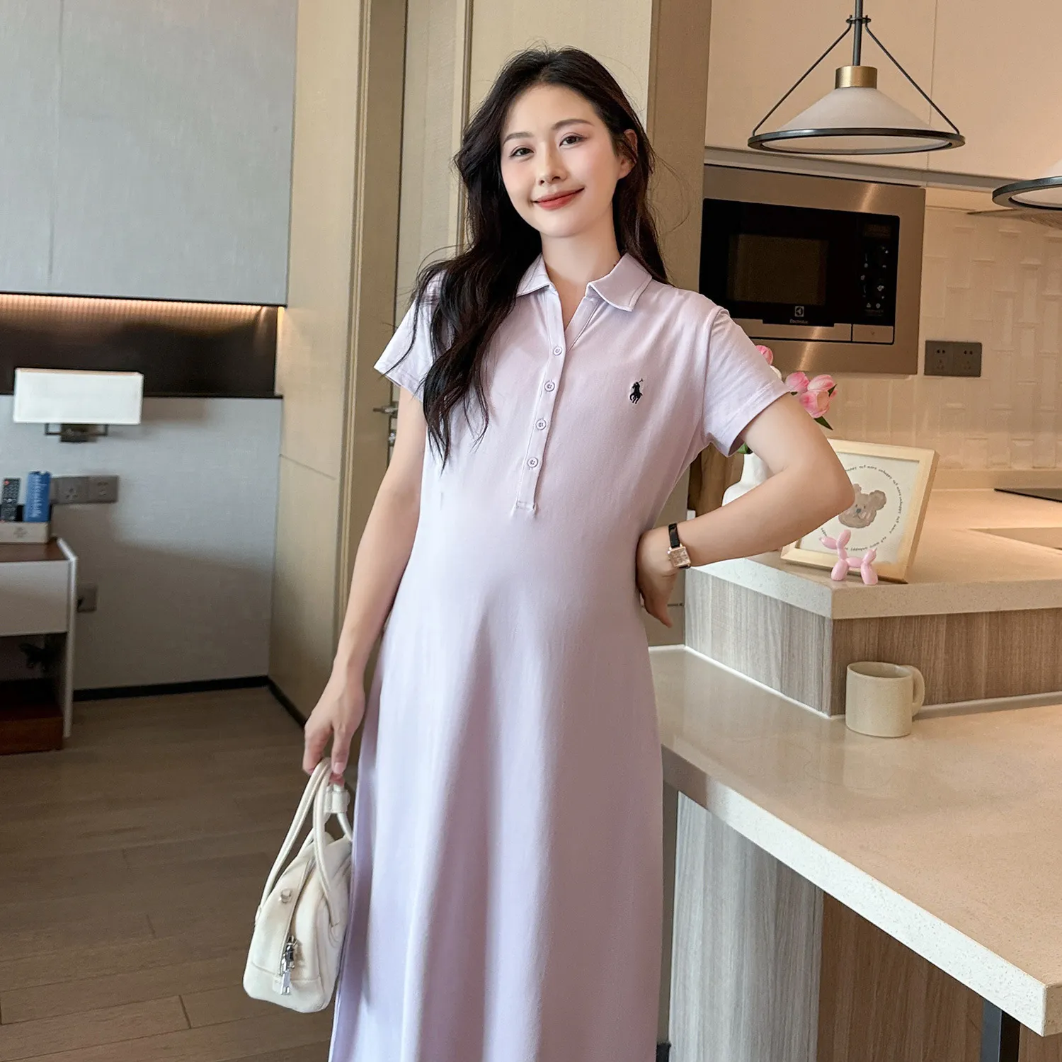 Maternity Dress Summer Fashion Polo Lapel Casual Long Style Large Size Age-Reducing Thin Breathable for Pregnant Women thumbnail 6