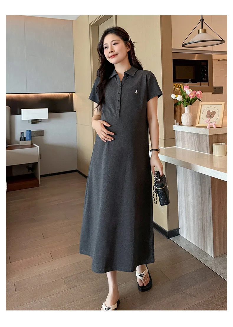 Maternity Dress Summer Fashion Polo Lapel Casual Long Style Large Size Age-Reducing Thin Breathable for Pregnant Women showcase 8