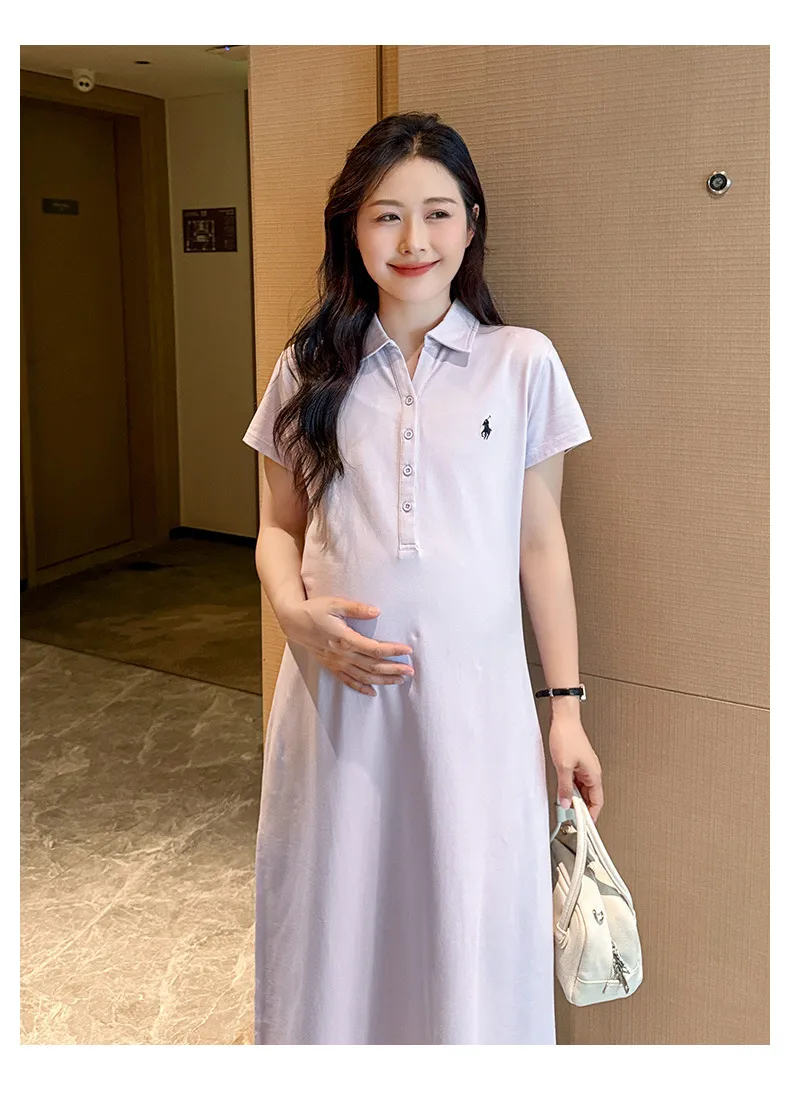 Maternity Dress Summer Fashion Polo Lapel Casual Long Style Large Size Age-Reducing Thin Breathable for Pregnant Women showcase 11