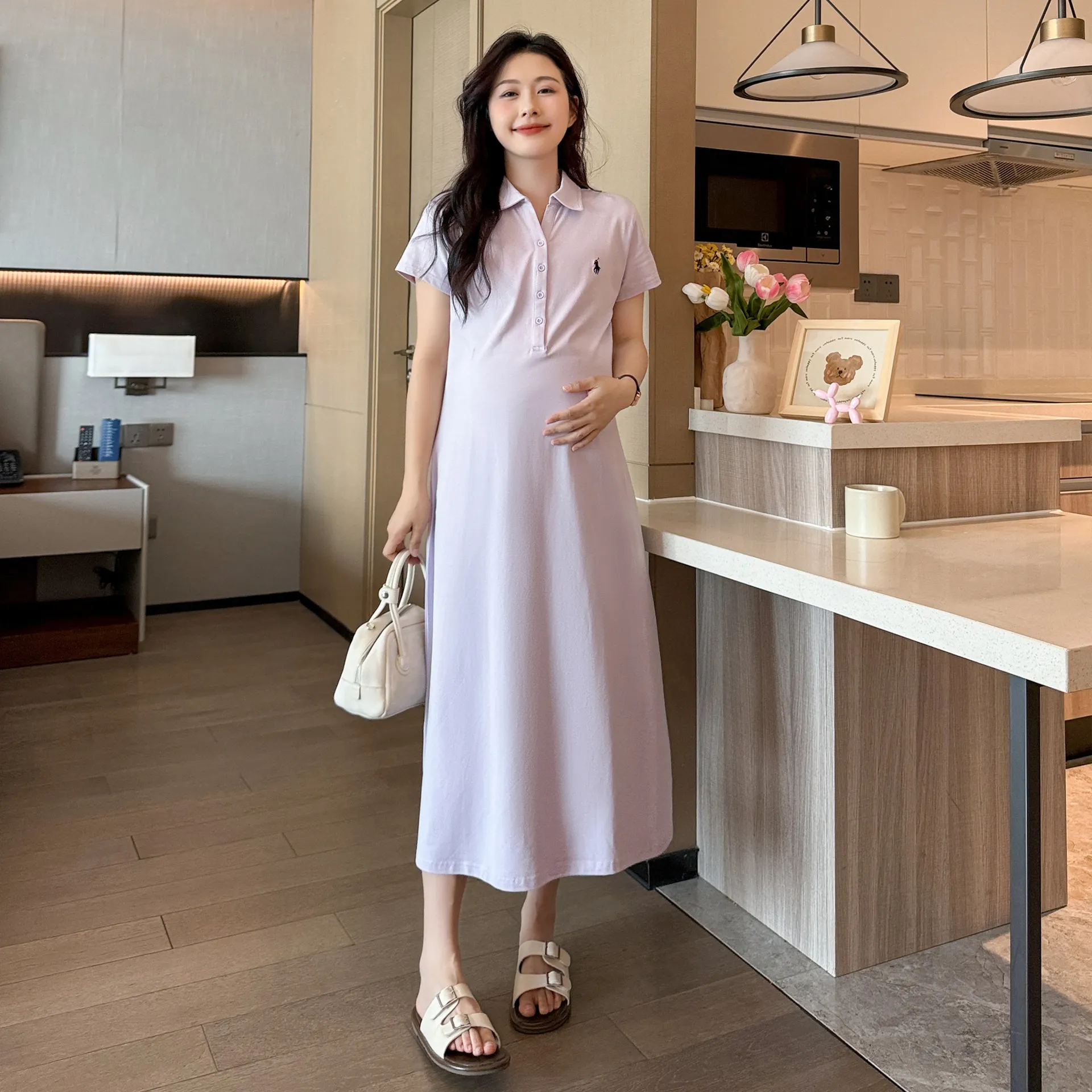 Maternity Dress Summer Fashion Polo Lapel Casual Long Style Large Size Age-Reducing Thin Breathable for Pregnant Women thumbnail 4