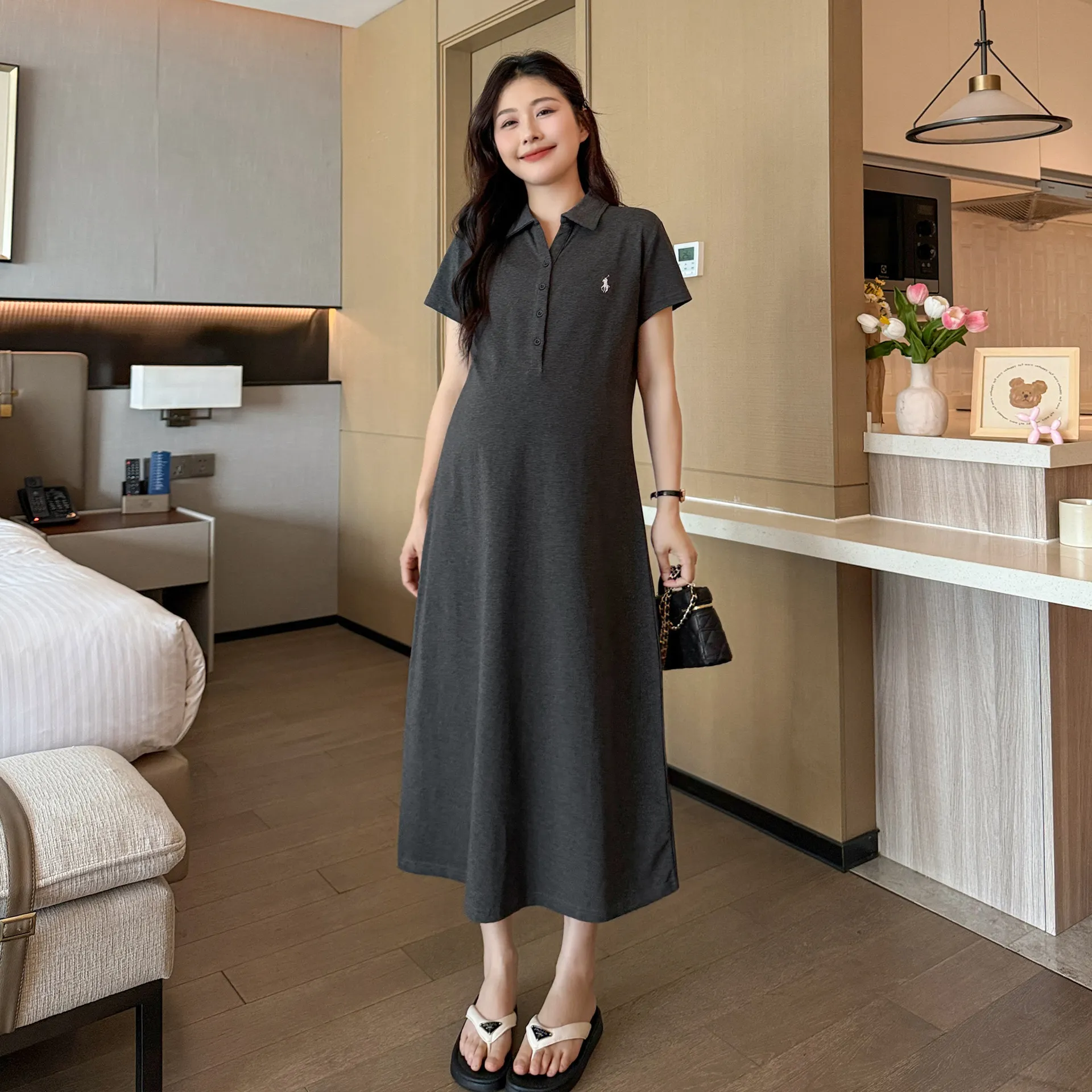 Maternity Dress Summer Fashion Polo Lapel Casual Long Style Large Size Age-Reducing Thin Breathable for Pregnant Women thumbnail 5