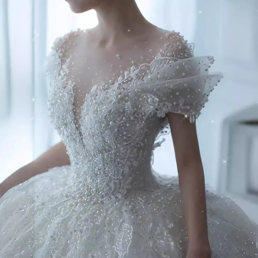 Elegant 2025 Luxury French Bridal Wedding Dress for Pregnant Brides - Princess Style with Train, High-Quality Heavy Industry Design thumbnail 1