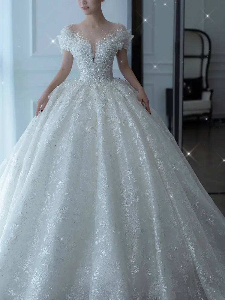Elegant 2025 Luxury French Bridal Wedding Dress for Pregnant Brides - Princess Style with Train, High-Quality Heavy Industry Design thumbnail 8