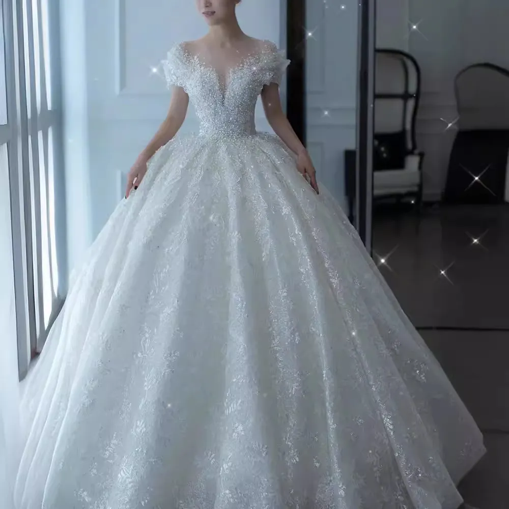 Elegant 2025 Luxury French Bridal Wedding Dress for Pregnant Brides - Princess Style with Train, High-Quality Heavy Industry Design thumbnail 2