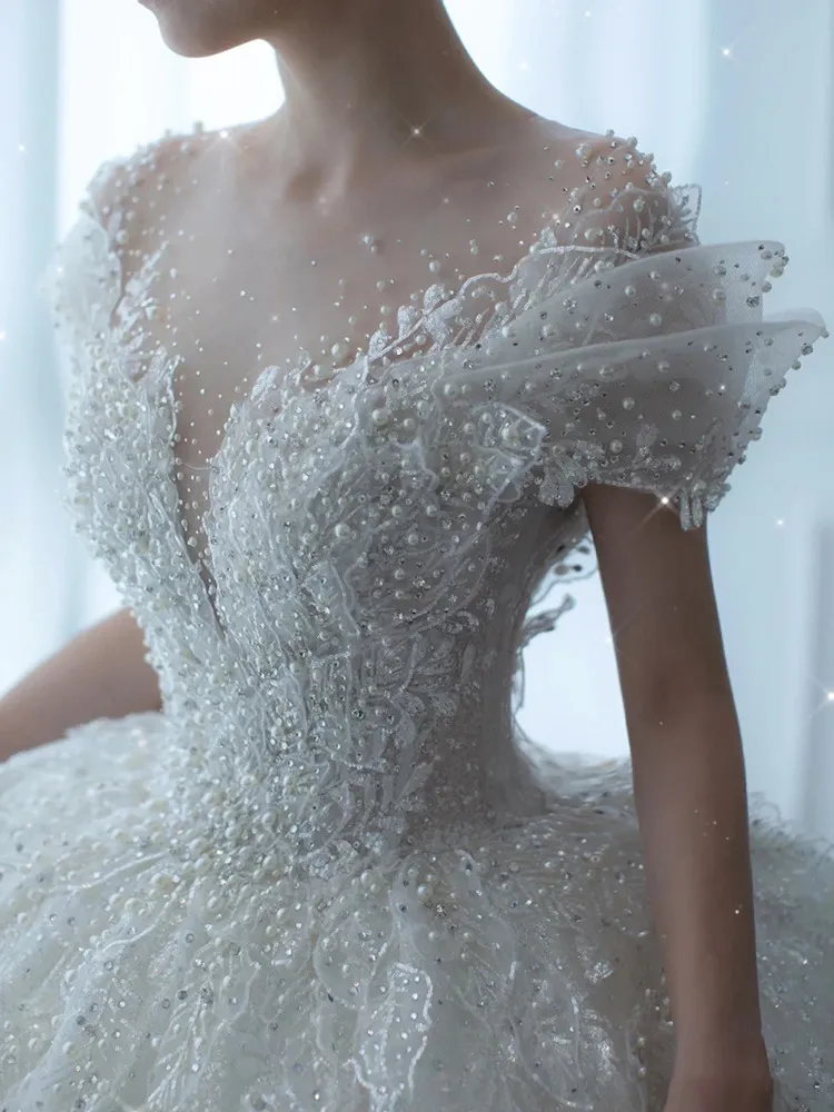 Elegant 2025 Luxury French Bridal Wedding Dress for Pregnant Brides - Princess Style with Train, High-Quality Heavy Industry Design thumbnail 6