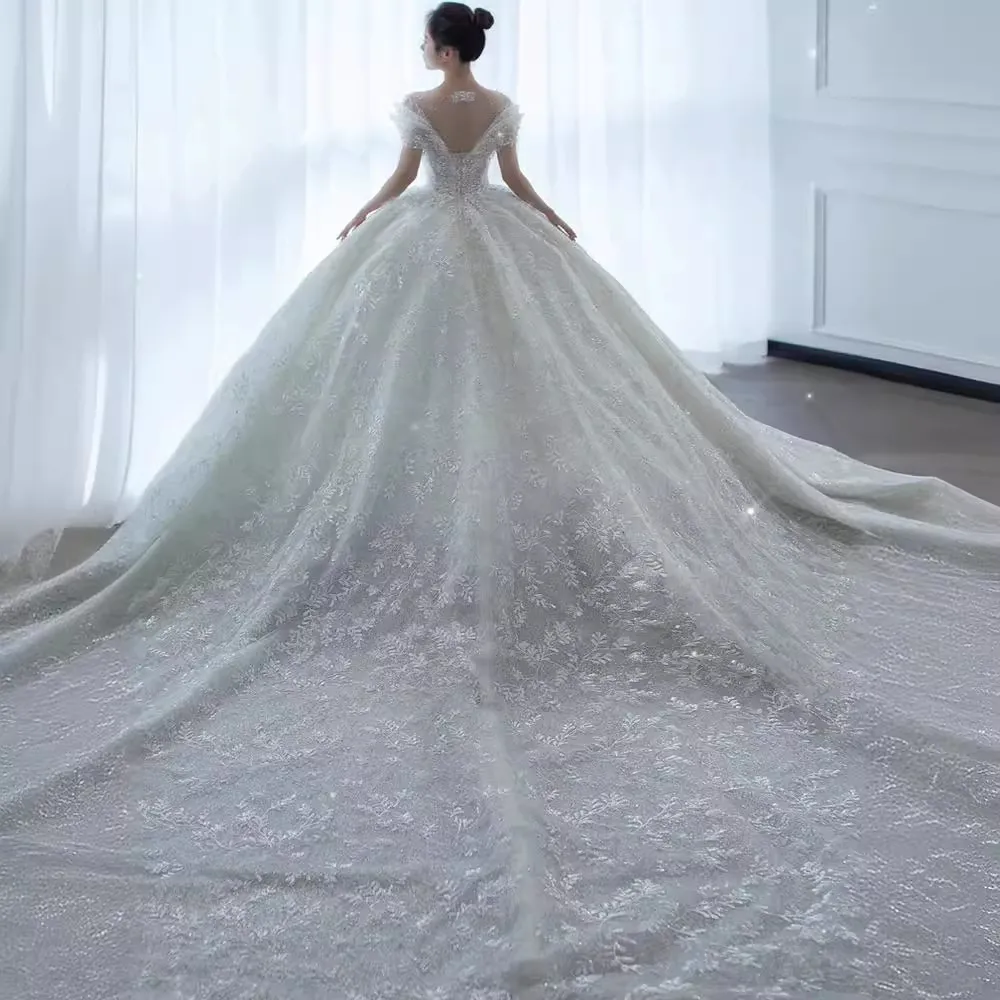 Elegant 2025 Luxury French Bridal Wedding Dress for Pregnant Brides - Princess Style with Train, High-Quality Heavy Industry Design thumbnail 4