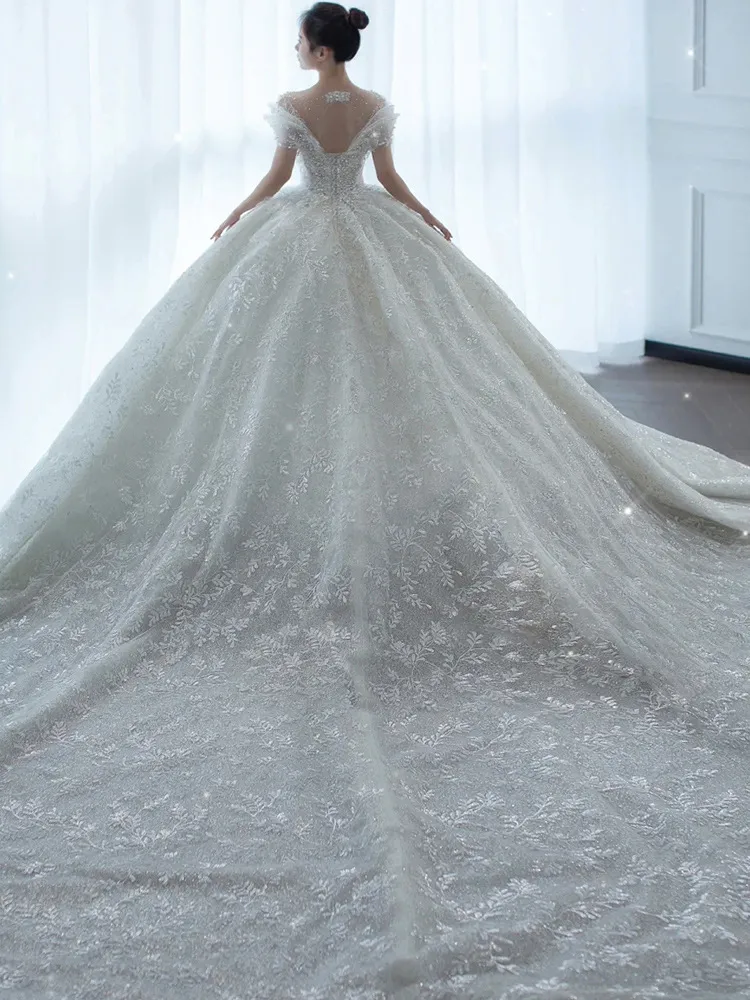 Elegant 2025 Luxury French Bridal Wedding Dress for Pregnant Brides - Princess Style with Train, High-Quality Heavy Industry Design thumbnail 7