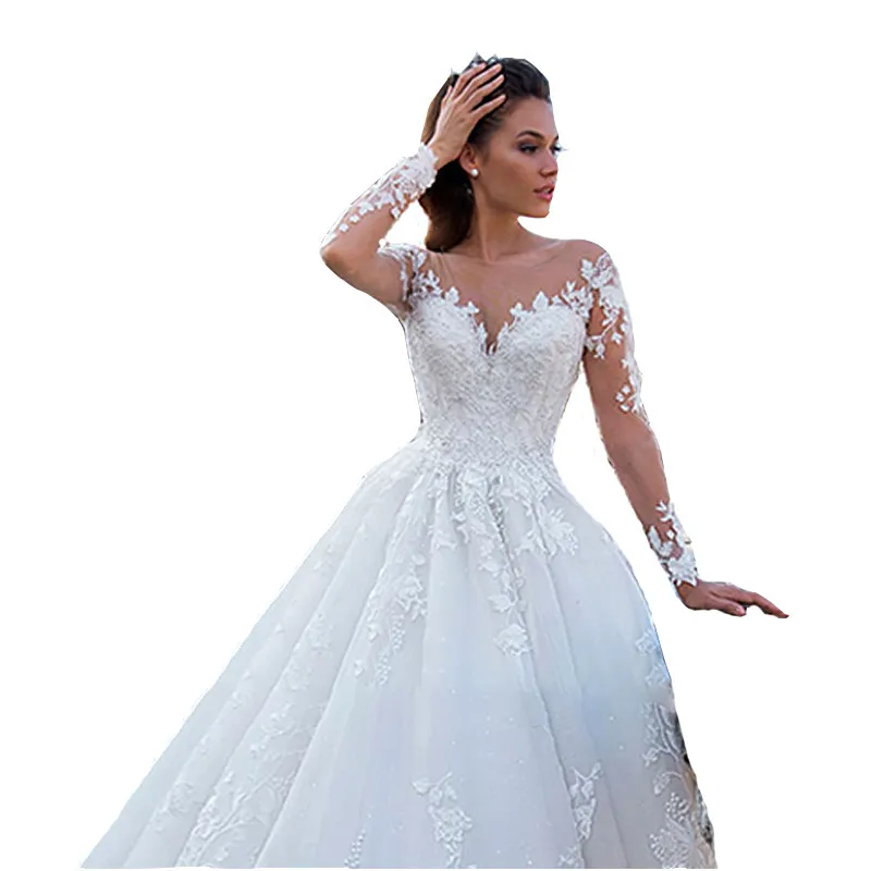 Elegant V-Neck Tulle Wedding Dress with Long Sleeves and Large Train - Retro Sexy Bridal Gown for Special Occasions thumbnail 6