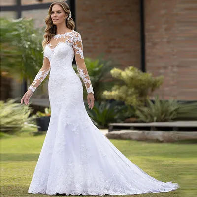 Elegant V-Neck Tulle Wedding Dress with Long Sleeves and Large Train - Retro Sexy Bridal Gown for Special Occasions showcase 2