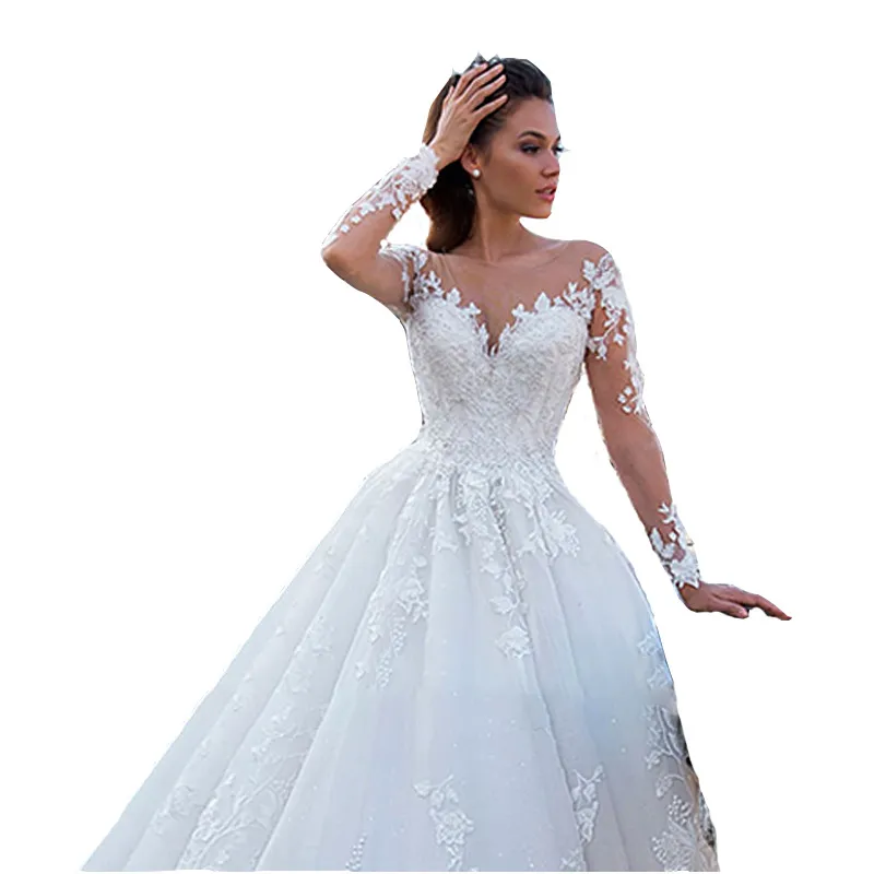 Elegant V-Neck Tulle Wedding Dress with Long Sleeves and Large Train - Retro Sexy Bridal Gown for Special Occasions thumbnail 5
