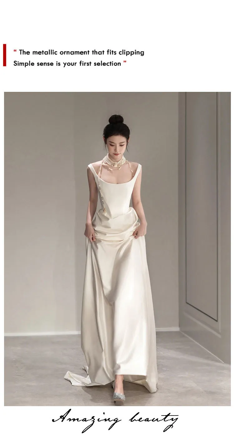 Elegant Satin Long Sleeve Wedding Dress for Banquet, Bridal Gown, Empress Dowager Inspired Design, Formal Evening Party Attire showcase 3