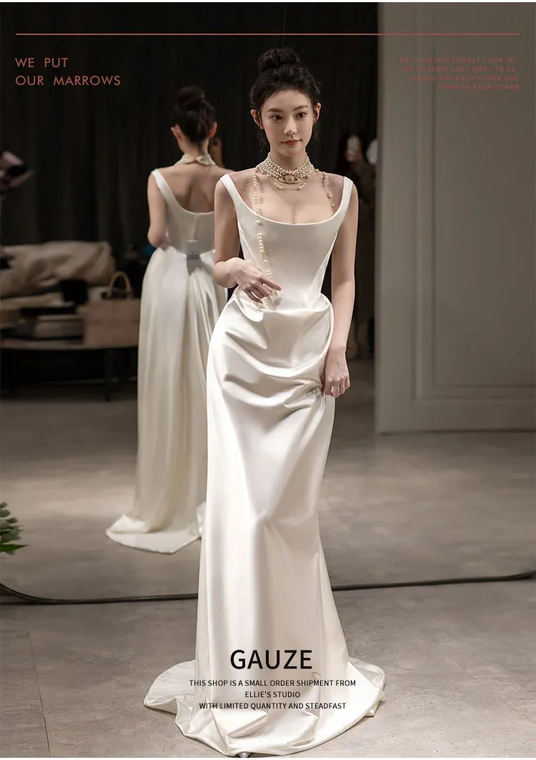 Elegant Satin Long Sleeve Wedding Dress for Banquet, Bridal Gown, Empress Dowager Inspired Design, Formal Evening Party Attire showcase 1