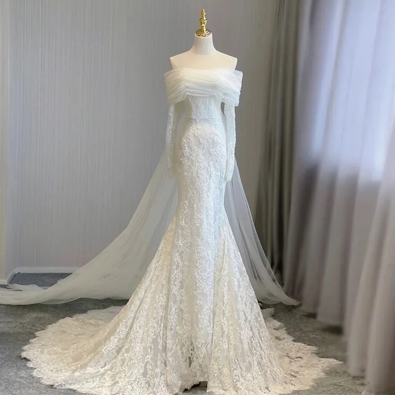 Elegant Off-Shoulder Fishtail Lace Wedding Dress - Bridal Gown with French Super Fairy Design for Special Occasions thumbnail 1