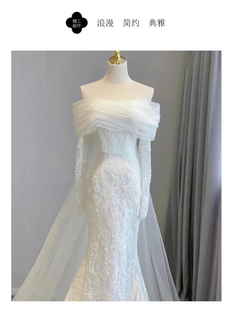 Elegant Off-Shoulder Fishtail Lace Wedding Dress - Bridal Gown with French Super Fairy Design for Special Occasions showcase 8