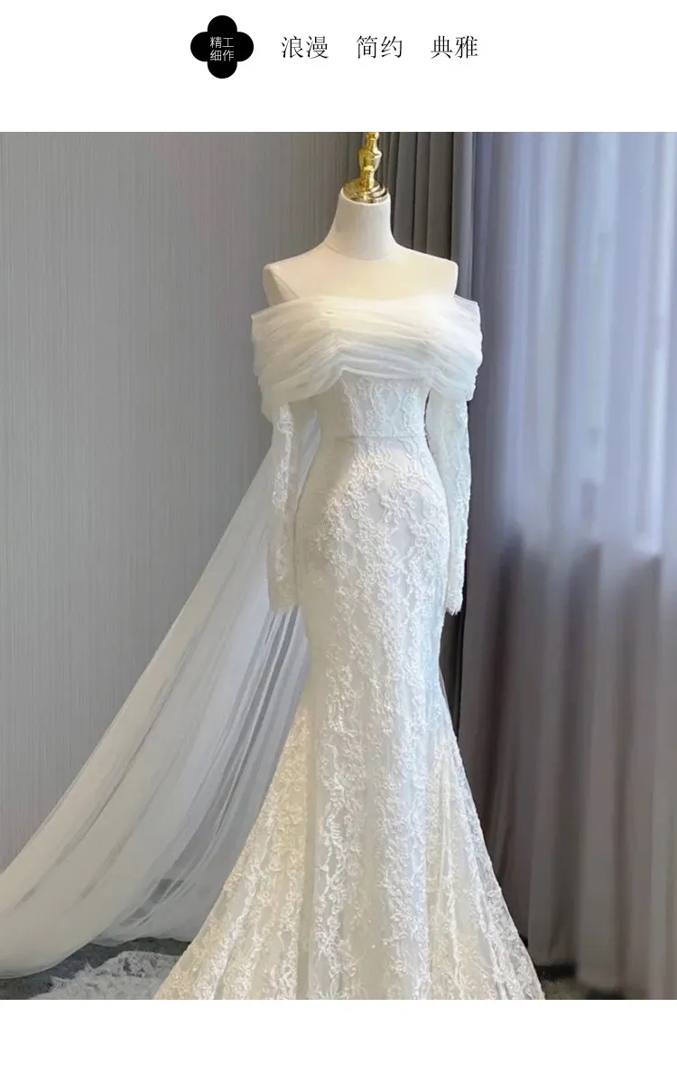 Elegant Off-Shoulder Fishtail Lace Wedding Dress - Bridal Gown with French Super Fairy Design for Special Occasions showcase 12