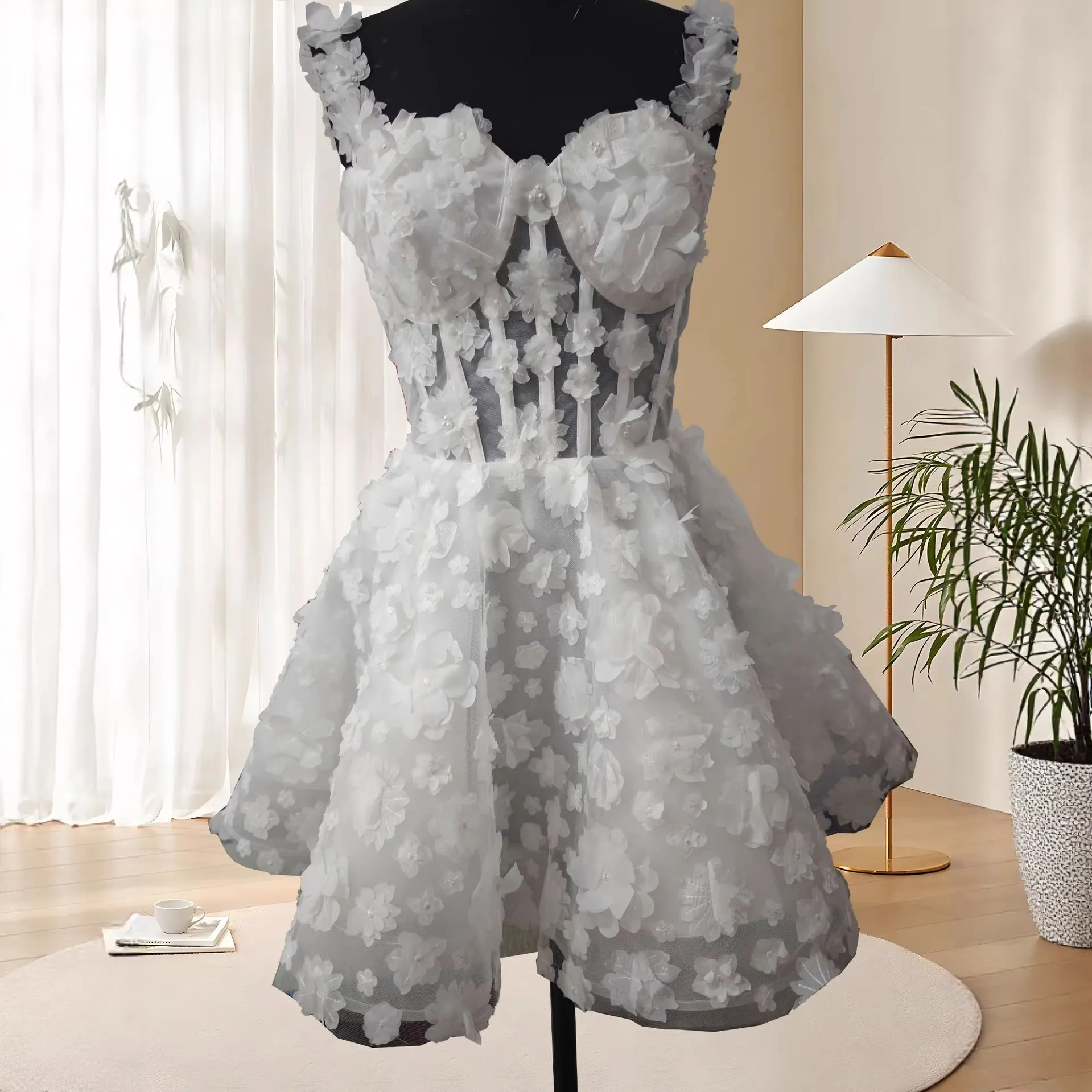 Elegant Off-Shoulder Mini Wedding Dress for Brides, Engagements, and Photoshoots - Lightweight, Chic, and Perfect for Parties and Travel thumbnail 3