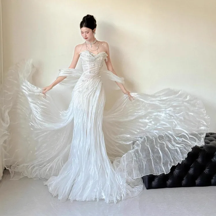 Elegant White Flowing Tulle Evening Gown with Heavy Craftsmanship, Light Luxury Niche Design, Off-Shoulder Mermaid Wedding Dress for Engagement and Bride's Toast thumbnail 1