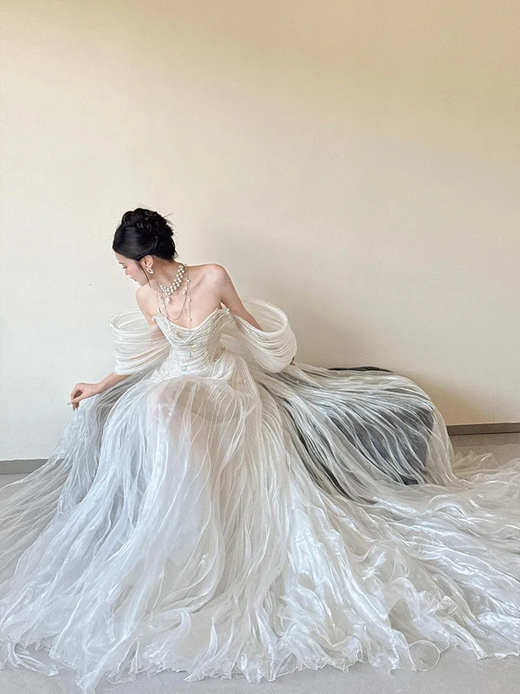 Elegant White Flowing Tulle Evening Gown with Heavy Craftsmanship, Light Luxury Niche Design, Off-Shoulder Mermaid Wedding Dress for Engagement and Bride's Toast showcase 6