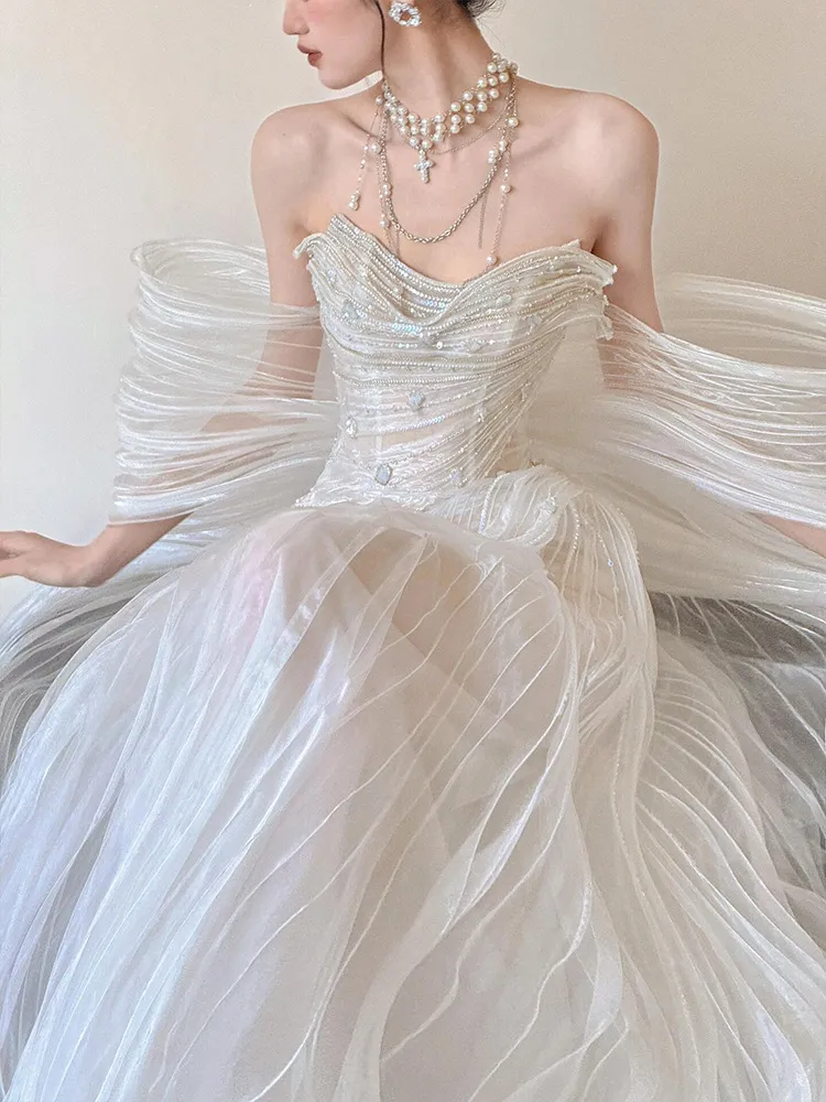 Elegant White Flowing Tulle Evening Gown with Heavy Craftsmanship, Light Luxury Niche Design, Off-Shoulder Mermaid Wedding Dress for Engagement and Bride's Toast showcase 8
