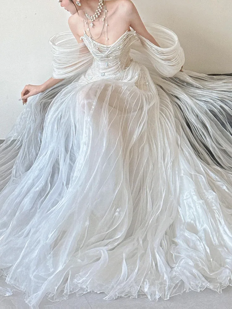 Elegant White Flowing Tulle Evening Gown with Heavy Craftsmanship, Light Luxury Niche Design, Off-Shoulder Mermaid Wedding Dress for Engagement and Bride's Toast showcase 10